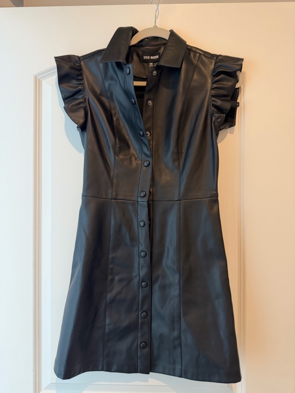 Steve Madden Black Faux Leather Ruffle-Sleeve Mini Dress
